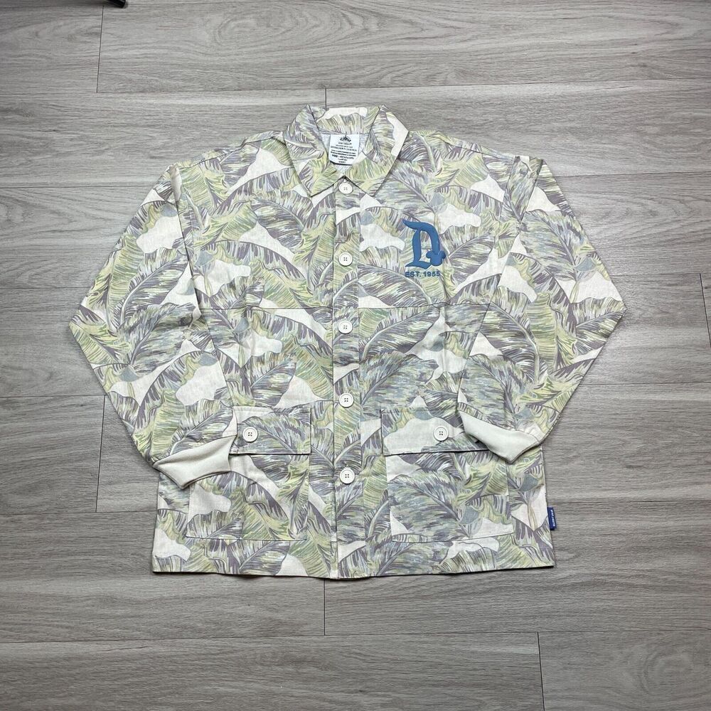 Disneyland Jacket Mens Small Green Floral Disney Linen Pockets Long Sleeve